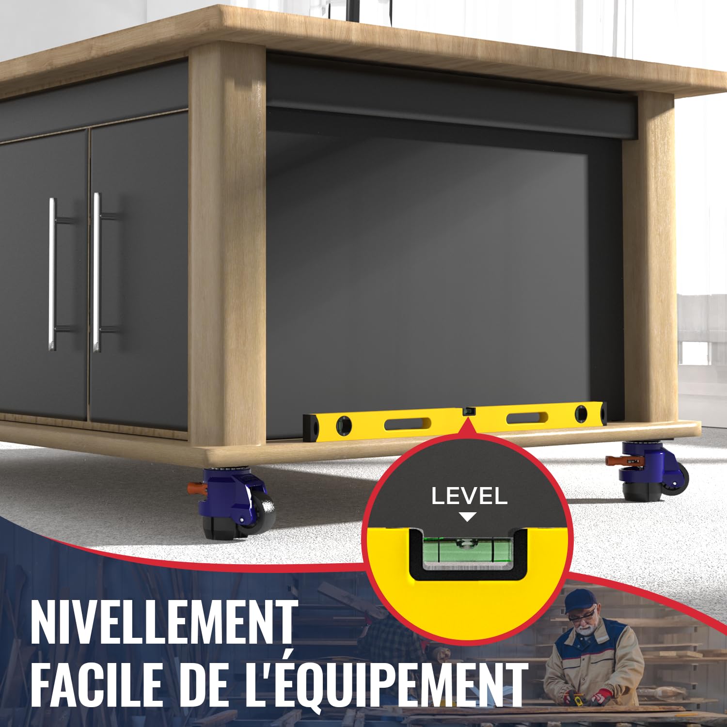 Roulettes de Nivellement avec Poignée à Cliquet - Roulette Charge Lourde Lot de 4 - Capacité Totale de 1200 kg - Roulettes Industrielles pour Établis, Meubles Lourds