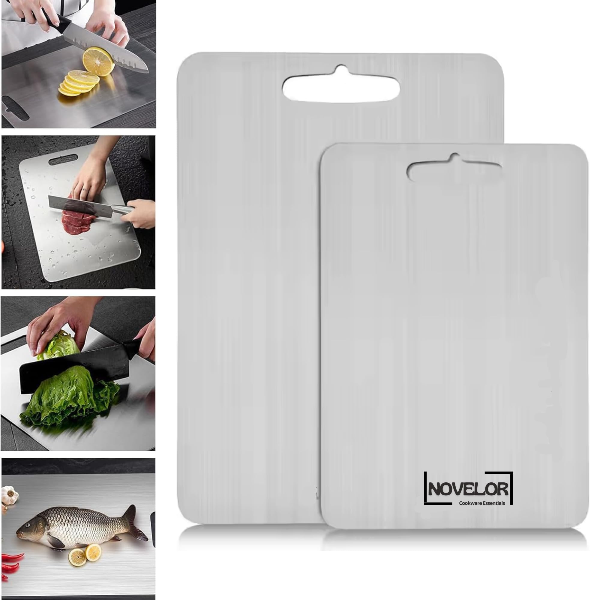 Stainless Steel Cutting Boards Set of 2 – SUS 304 Chopping Boards for Kitchen, Meat, Vegetables, Fruits, Baby Food – Dishwasher Safe, Durable, Easy to Clean, Rust Resistant (14.2”x9.8” & 11.24”x7.87”)