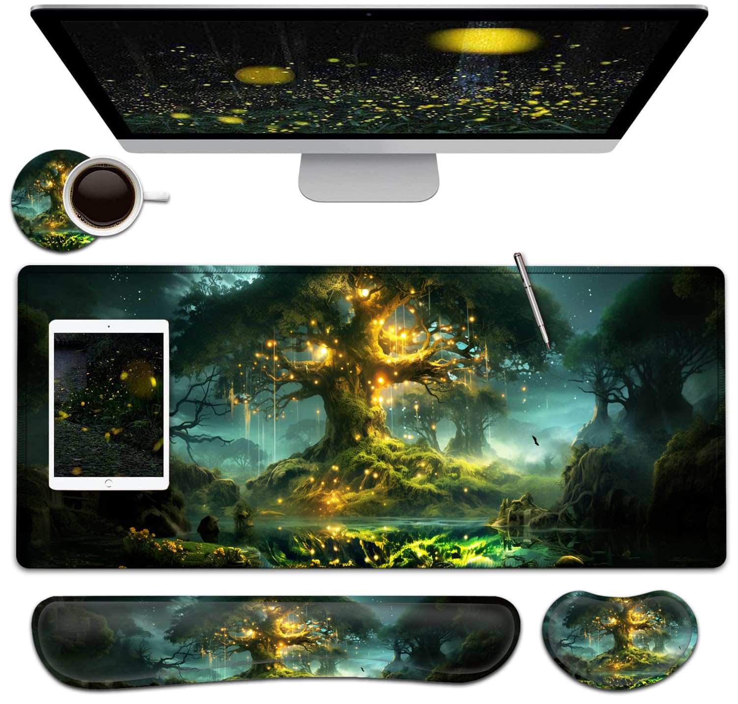 Großes Mauspad + Tastatur-Handgelenkauflage-Set, erweitertes Gaming-Mauspad (80 x 29 cm) mit rutschfestem Gummi, ergonomische Handgelenkauflage aus Memory-Schaum, Baum-des-Lebens-Muster