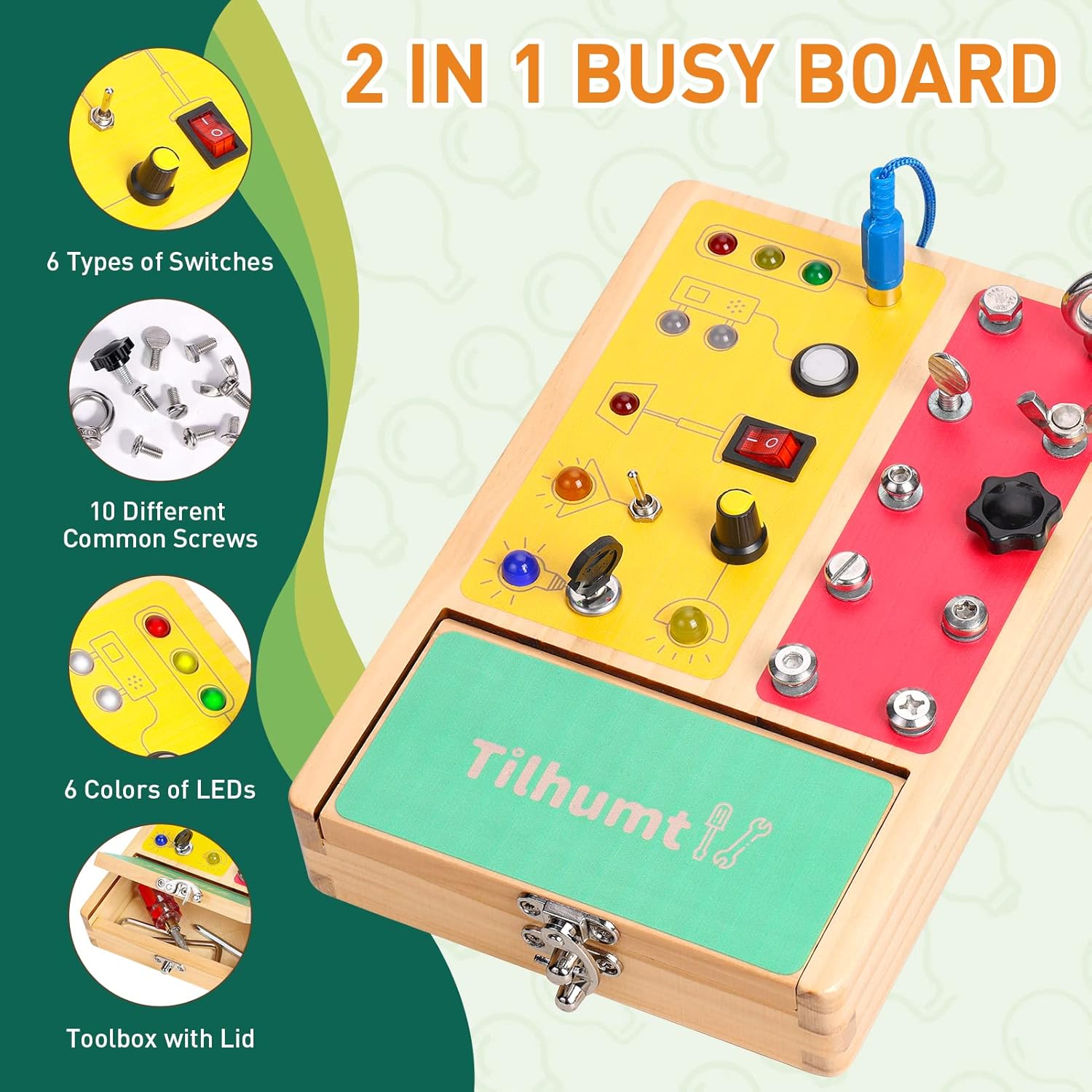 Tilhumt Montessori Screwdriver Board Set for Kids, Storage Wooden Toddler Real Tools and Light Switch Toy for Toddlers Educational Travel Toys for Kids 3 4 5 Year Old