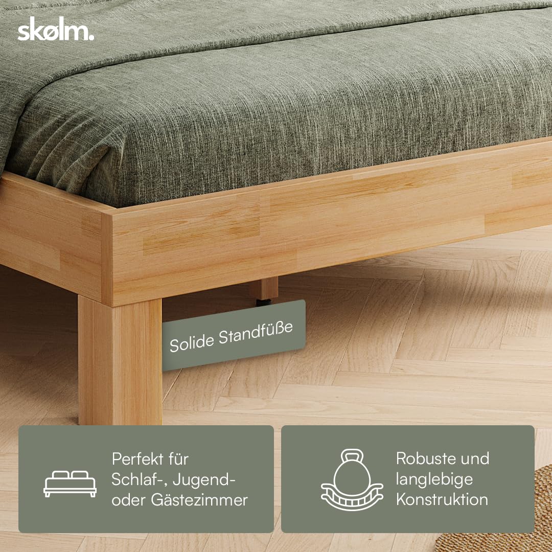 skølm Floki Massivholzbett 180x200 cm aus Buche - hochwertiges Bettgestell - Bettrahmen mit Bettkopf - Holzbett in Natur geölt - Bettrahmen geeignet als Doppelbett - Futonbett - Schlafzimmer Bett