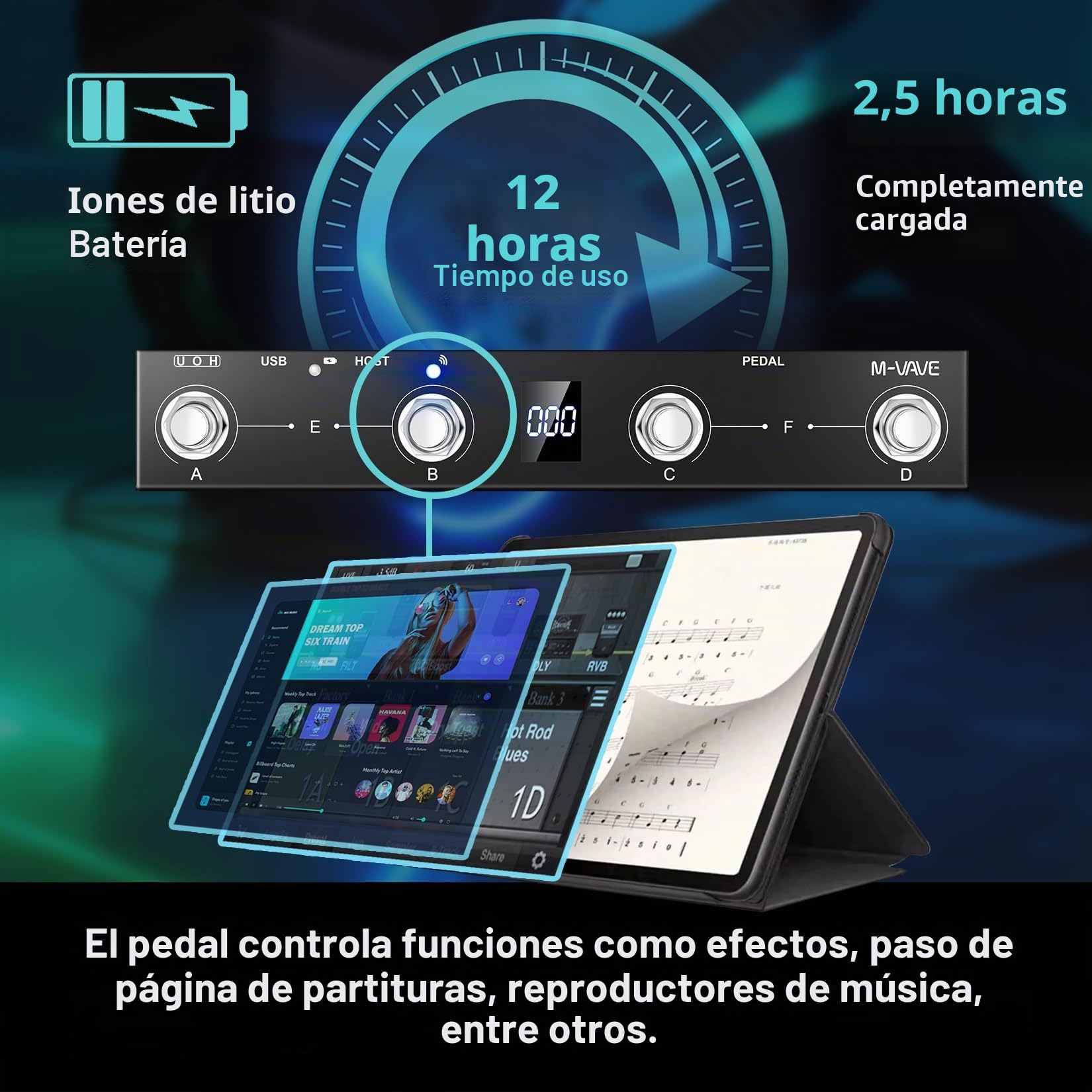M-VAVE Chocolate Plus - Interruptor de pie inalámbrico MIDI (4 botones, BT, recargable, control por aplicación)