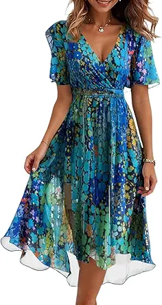 Spring Summer Chiffon Midi Dresses for Women 2025 Elegant Classy Wedding Guest Floral Formal Cocktail Prom Dress
