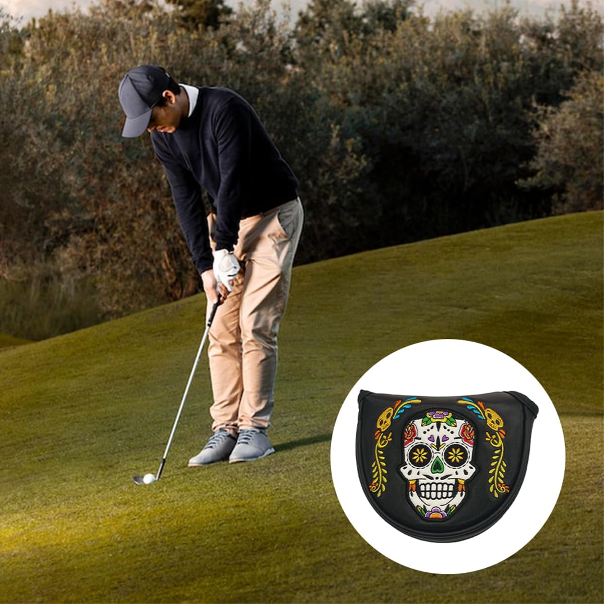 Qury Funda para Cabeza de Palo de Golf con diseño de Calavera de Esqueleto Divertido, Cierre magnético, Color Negro