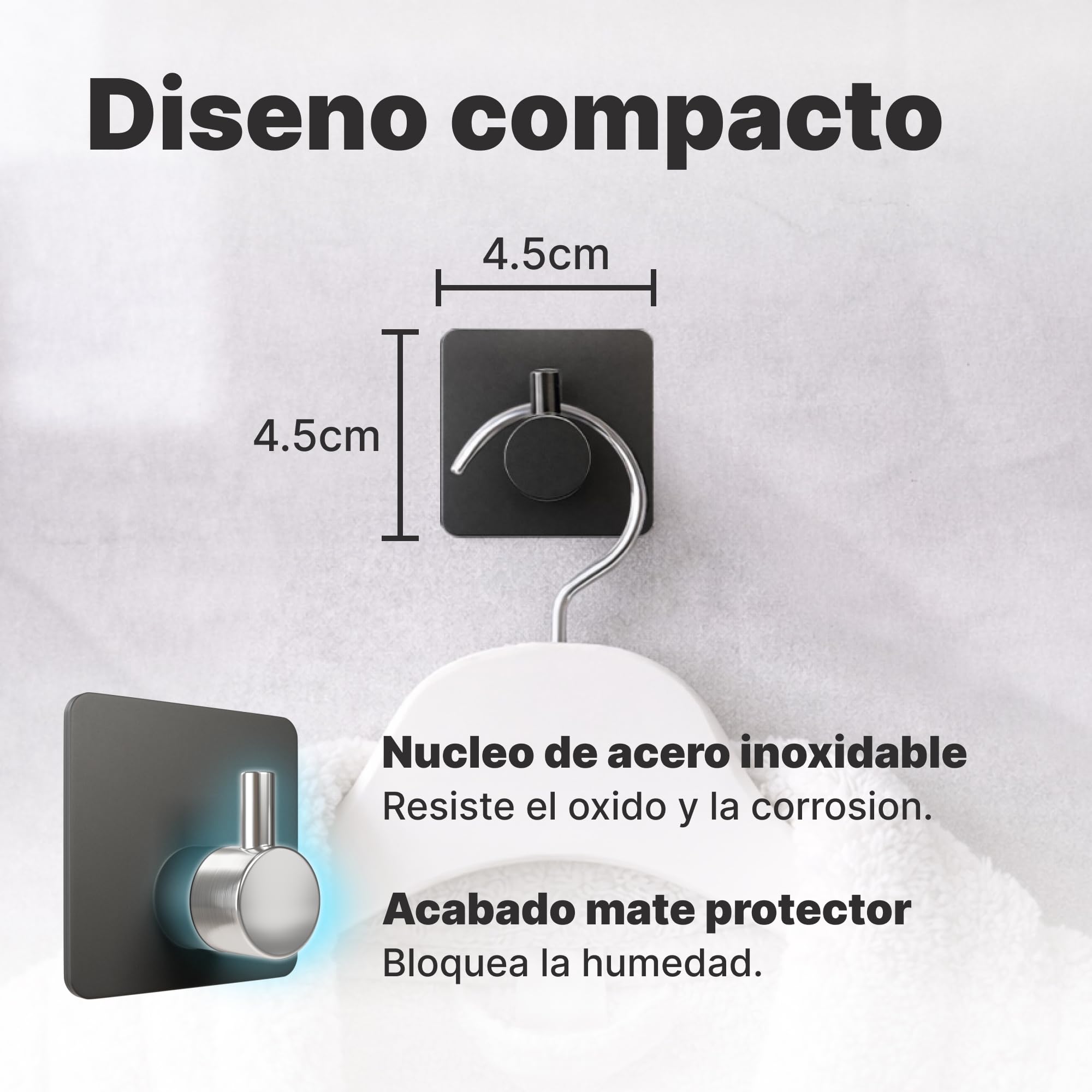 Minismus Ganchos Adhesivos para Pared, Colgadores Adhesivos Resistentes sin Taladro, Colgador Toalla Baño Cocina y Entrada, Ganchos para Colgar Objetos, Acero Inoxidable Negro, 6 Unidades — view 3