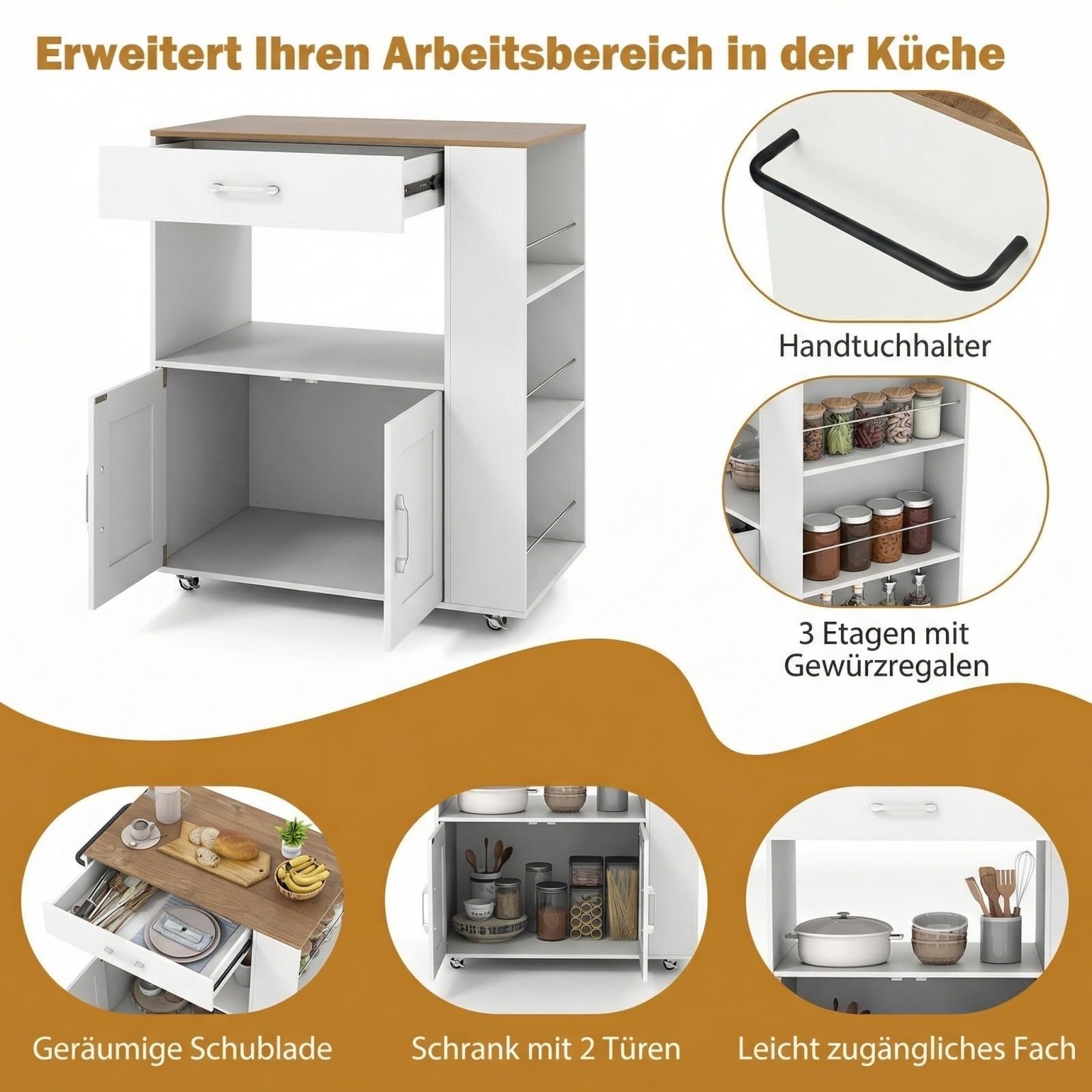 GIANTEX Küchenwagen mit Rollen, Servierwagen mit Arbeitsplatte, 75x46x90,5 cm, Weiß
