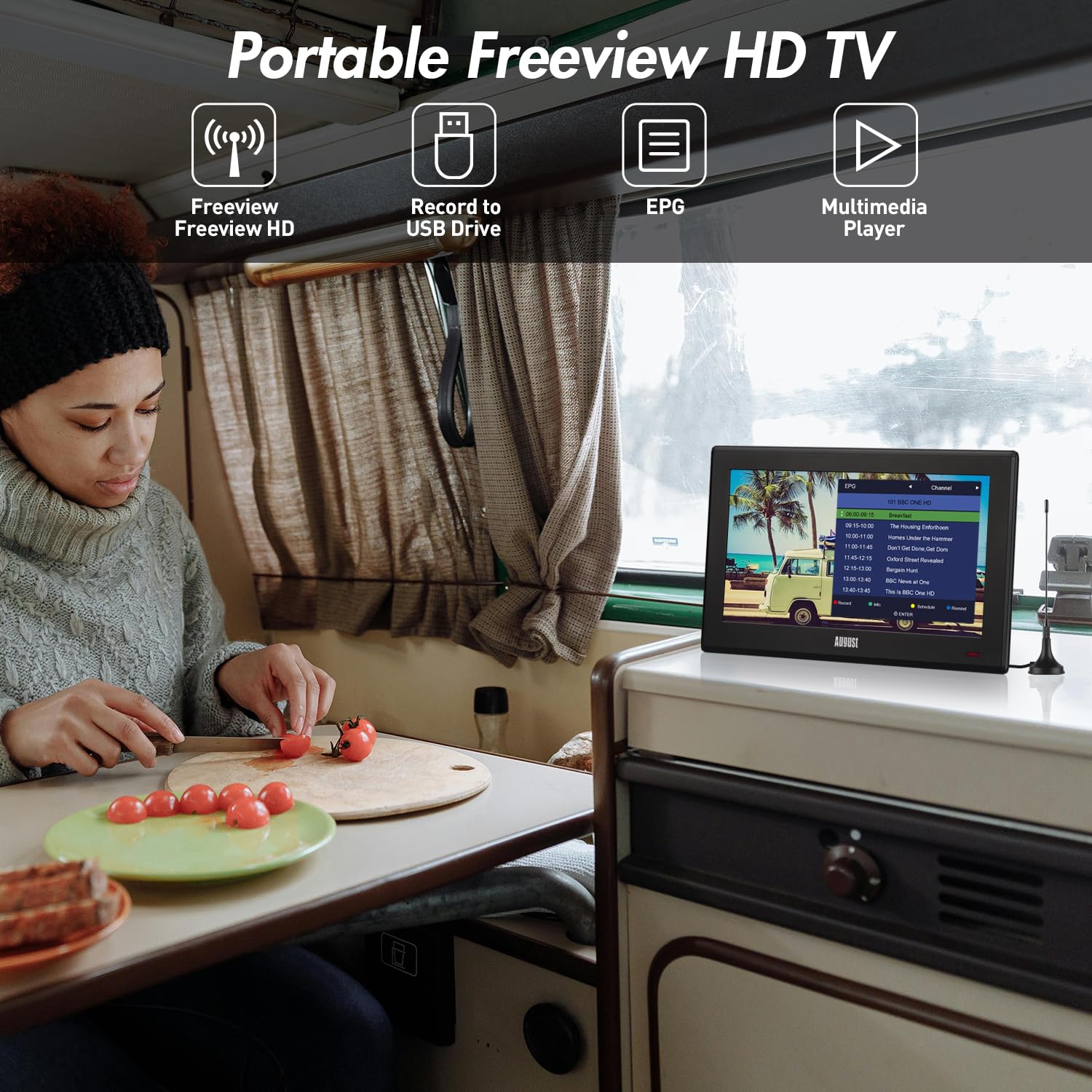 August DA100D Przenośny TV Freeview HD 10.1" z nagrywarką i odtwarzaczem | Nagrywarka PVR z Timeshift pauzą i przewijaniem, HDMI/AV, zasilanie sieciowe, AA lub 12V do TV w kamperze