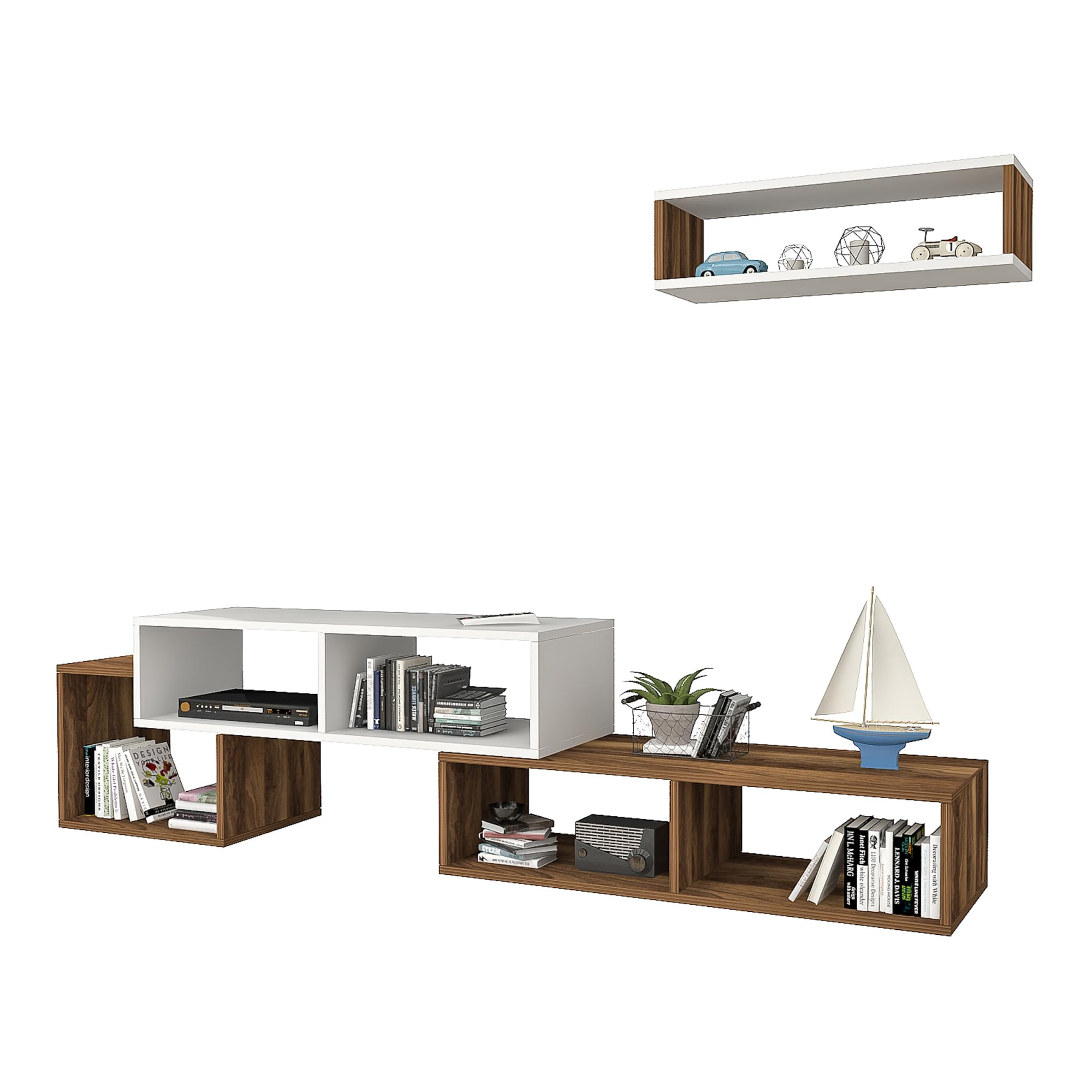 [en.casa] Juego de Muebles de Salón Mesa TV + 1 Estante Cubo de Pared - Mueble TV con 5 Compartimentos y 2 Estantes Laterales Aglomerado 170x30x42 cm - Blanco y Roble Antiguo