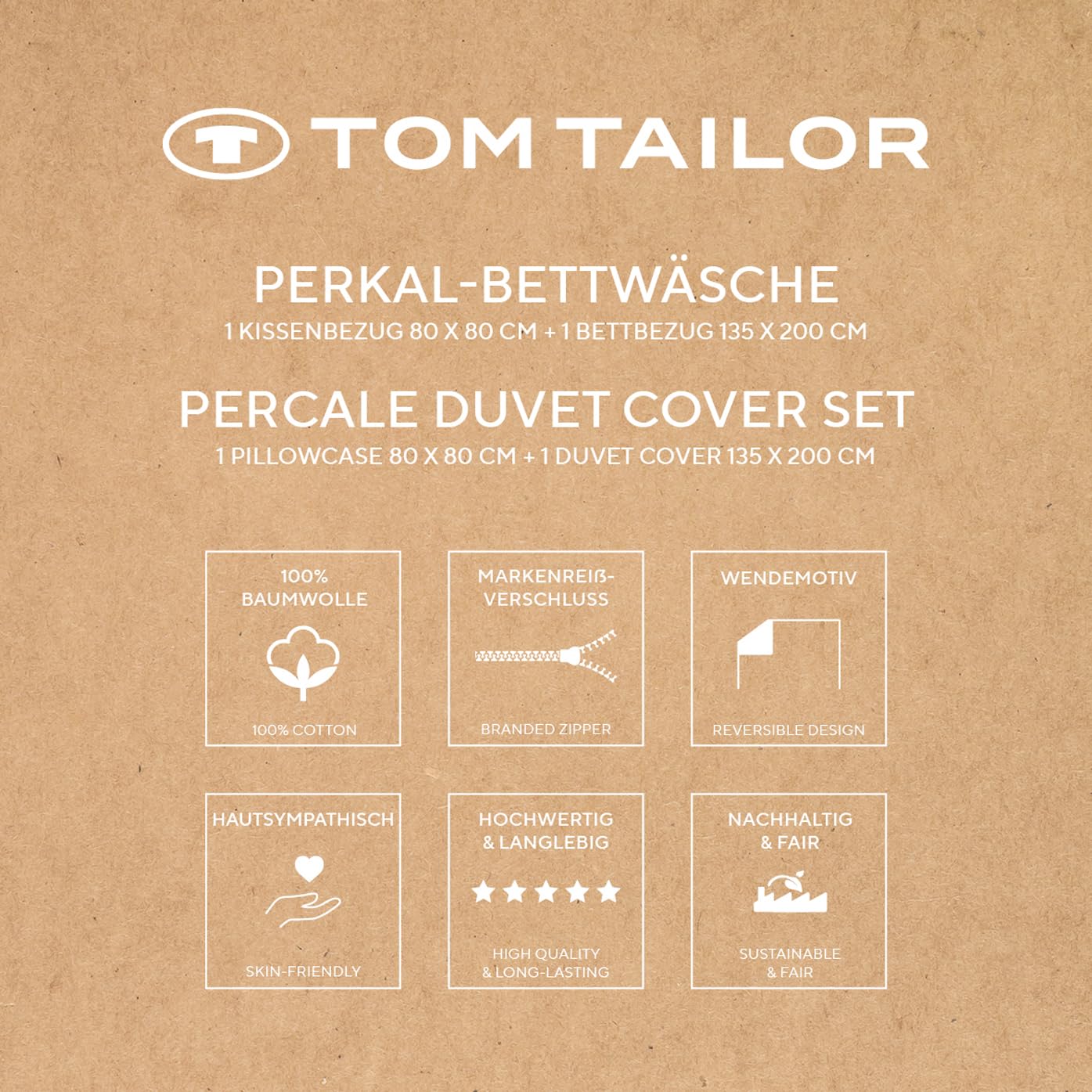 TOM TAILOR Perkal-Bettwäsche, 80x80 cm + 135x200 cm, 100% Baumwolle/Perkal, mit Wendemotiv, farbiger Paspel am Kissen und Markenreißverschluss, STRIPES WITH A KICK Blau, Beige (Dark Navy & Sunny Sand)