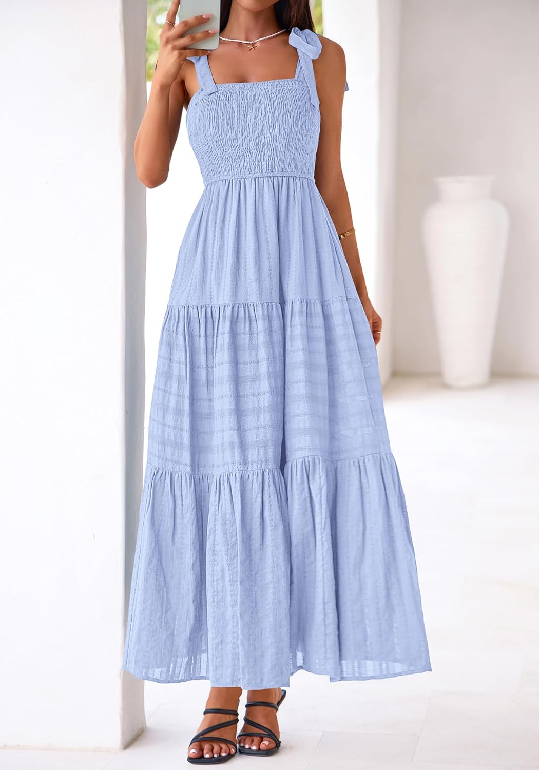 BTFBM Women's 2026 Spring Boho Spaghetti Strap Dress Casual Sleeveless Smocked A Line Beach Sundress Long Maxi Dresses - Image 5