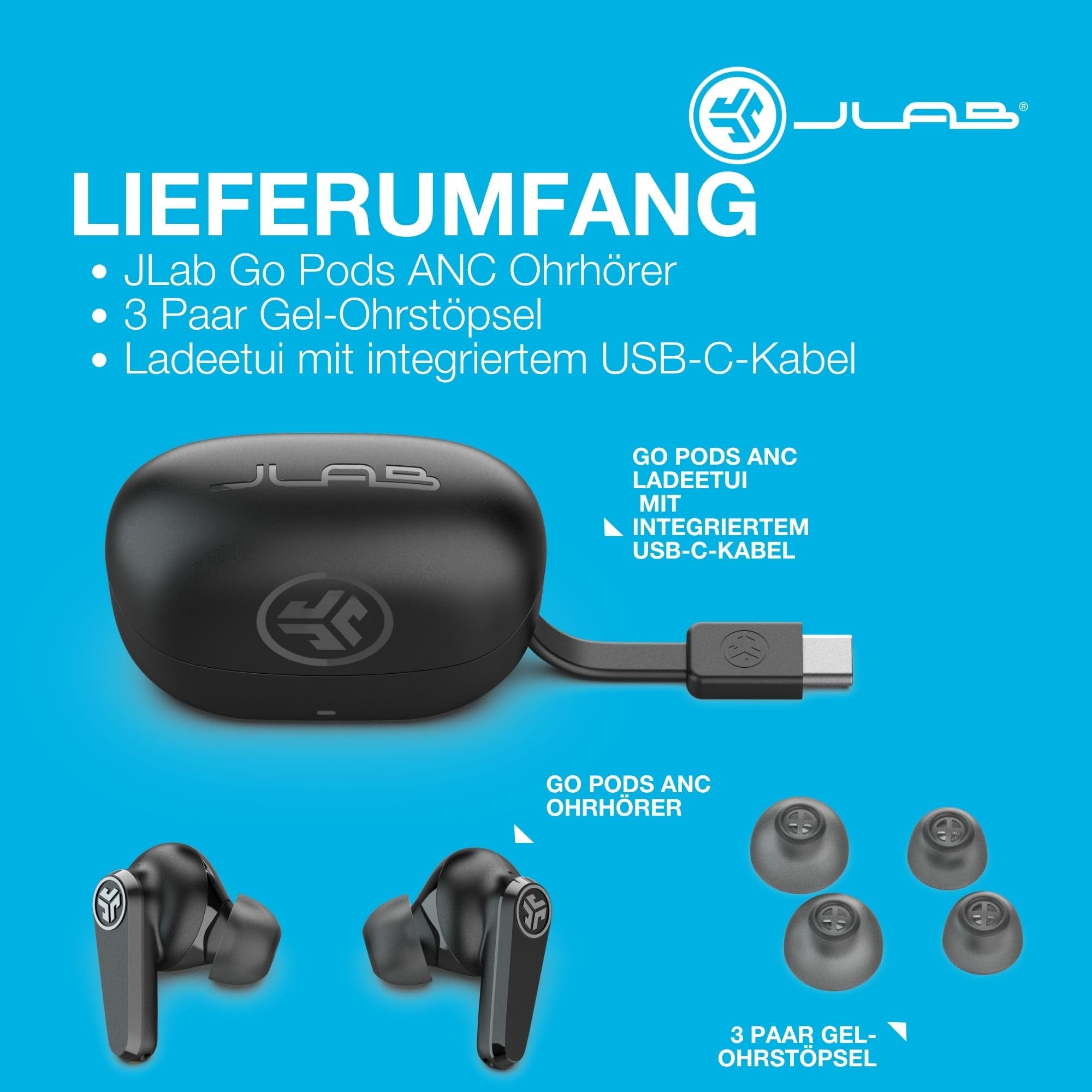 JLab Go Pods ANC In-Ear Kopfhörer Bluetooth mit Noise Cancelling - Kabellose Earbuds mit 26+ Std. - Hybrid-Geräuschunterdrückung, Multipunt, IP55, Sound per App einstellbar, klare Anrufe, Schwarz