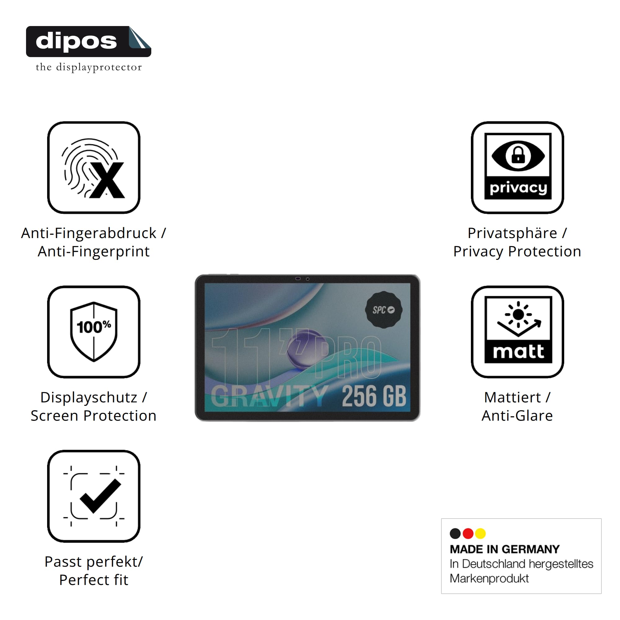 dipos Protector de Pantalla Antiespía para SPC GRAVITY PRO 11 | Película protectora mate, filtro de privacidad 4 vías, ajuste perfecto, antiarañazos, sin burbujas, autoadhesivo