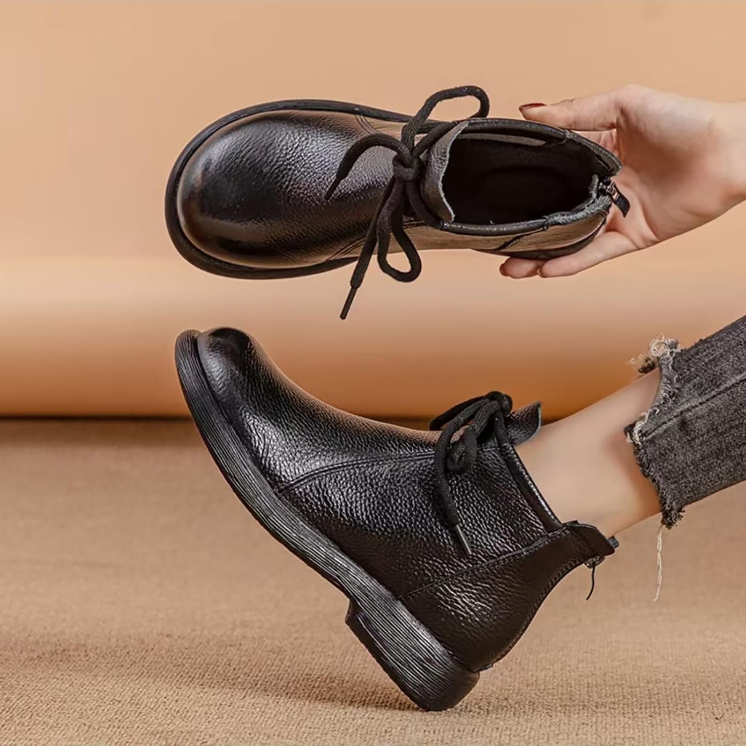 Women's Genuine Leather lace-up flat ankle boots Classic Round Toe Back zipper Soft Bottom Casual Booties Comfortable Vacation Office Anti Slip Leather Boots - Image 7