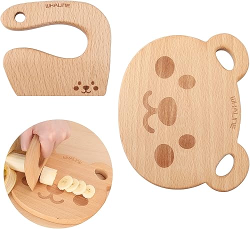 Whaline Juego de cuchillos de madera para niños, tabla de cortar de madera de oso lindo y cuchillo de madera seguro para niños, cuchillo Montessori