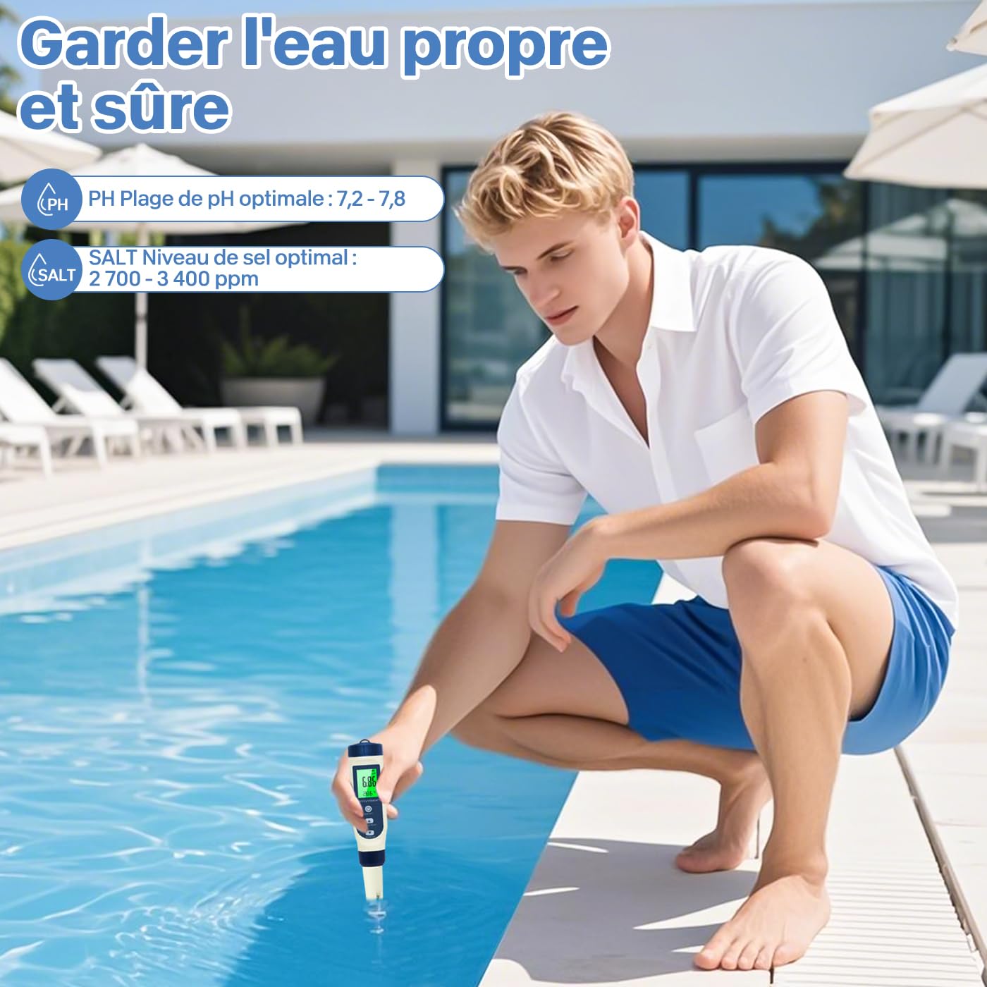 Ph Metre, 5 en 1 PH/TDS/EC/Salinité/Thermomètre, Testeur ph à Écran LCD, Testeur pH Piscine IP67 Étanche, pH Metre Haute Précision (± 0.01), Adapté à l'Eau Potable, Aquariums, Piscin