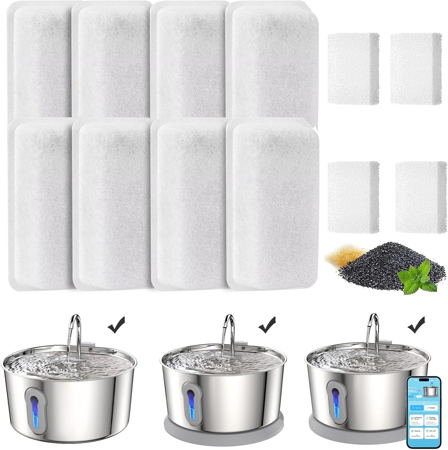 135oz/4L Battery Operated Cat Water Fountain & 8 Pack Replacement Filters & Sponges Set