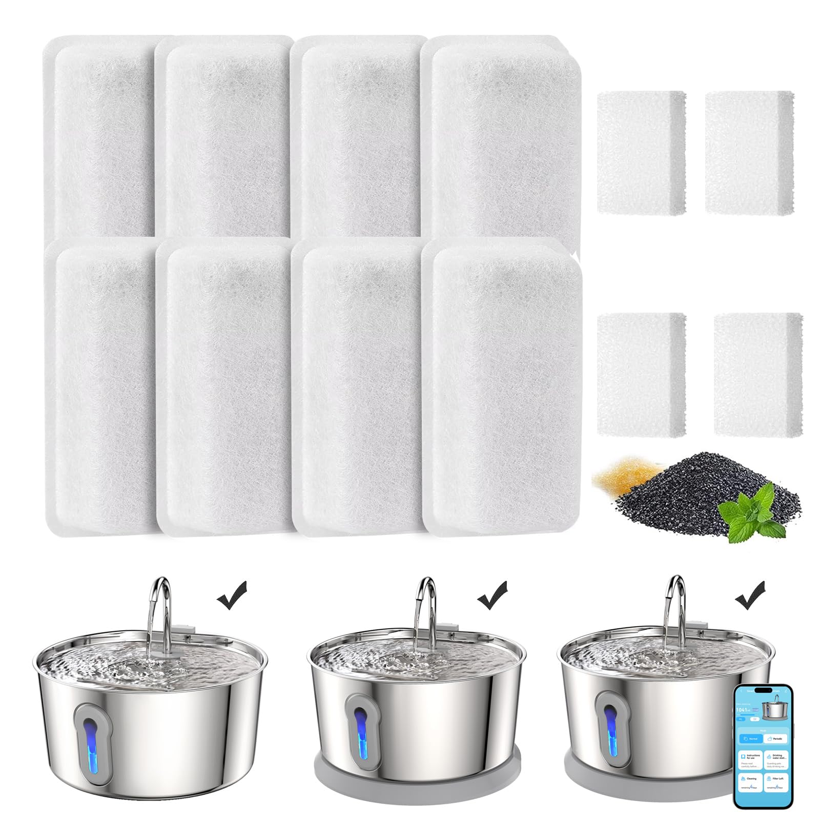 HAJXM Cat Water Fountain Filters, 8 Pack Replacement Filters & 4 Pack Replacement Sponges Set for 4L/135oz Automatic Stainless Steel Pet Fountain Ultra Quiet Dog Water Dispenser - image 2