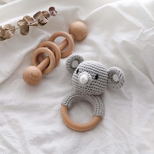Miniatura 1 de Juego de sonajeros de madera para bebé con sonajeros de elefante de ganchillo, juguetes Montessori para bebé, juguetes relajantes para recién