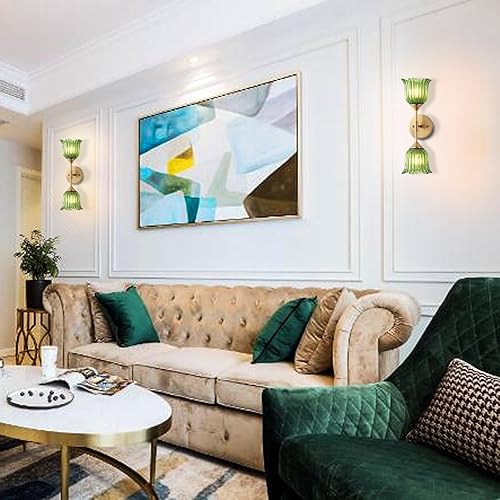 Miniatura 6 de Aplique de pared dorado de 2 luces con pantallas de vidrio verde, moderno de mediados de siglo, lámpara de pared de latón cepillado industrial para
