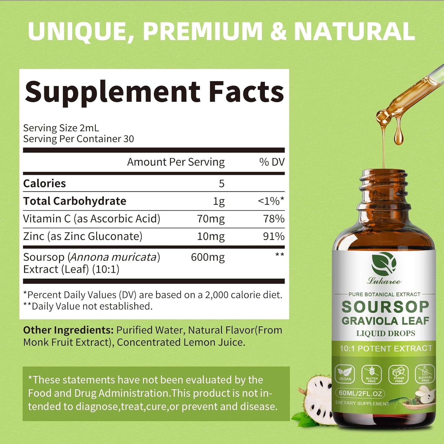 Lukaree Pure Soursop Leaves Extract, 10X Concentrated Graviola Soursop Bitters Liquid Drop for Immune Digestive Energy, Cold-Extracted with High Potency, Alcohol-Free, Vegan & Non-GMO