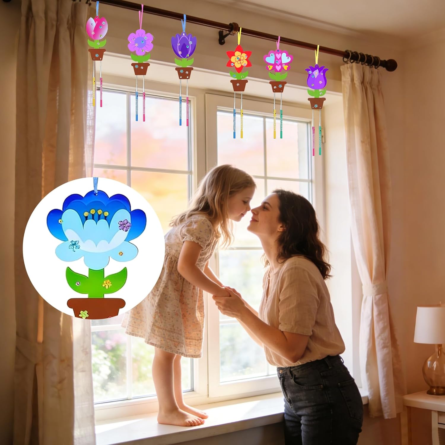 36 Pack DIY Flower Wind Chime Craft Kit for Kids, Create Your Own Colorful Wind Chime Ornaments, Wooden Art & Craft Activity for Spring Summer Birthday Party Decor
