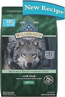 Wilderness Natural High-Protein Dry Food for Adult Dogs, with Wholesome Grains, Duck, 24-lb Bag.