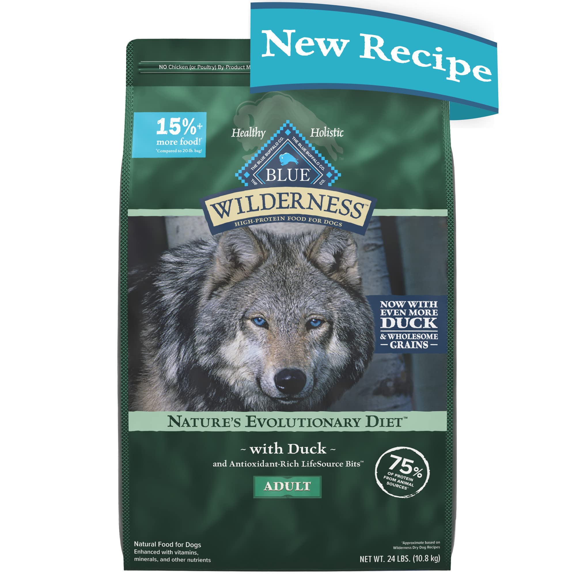 Blue Buffalo Wilderness Natural High-Protein Dry Food for Adult Dogs, WITH WHOLESOME GRAINS, Duck, 24-lb Bag.