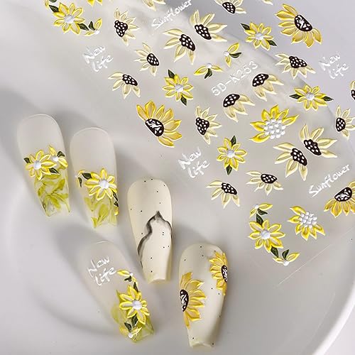 Miniatura 8 de Calcomanías de arte de uñas de girasol en relieve 5D, calcomanías autoadhesivas para uñas de flores grabadas florales de verano, calcomanías de uñas