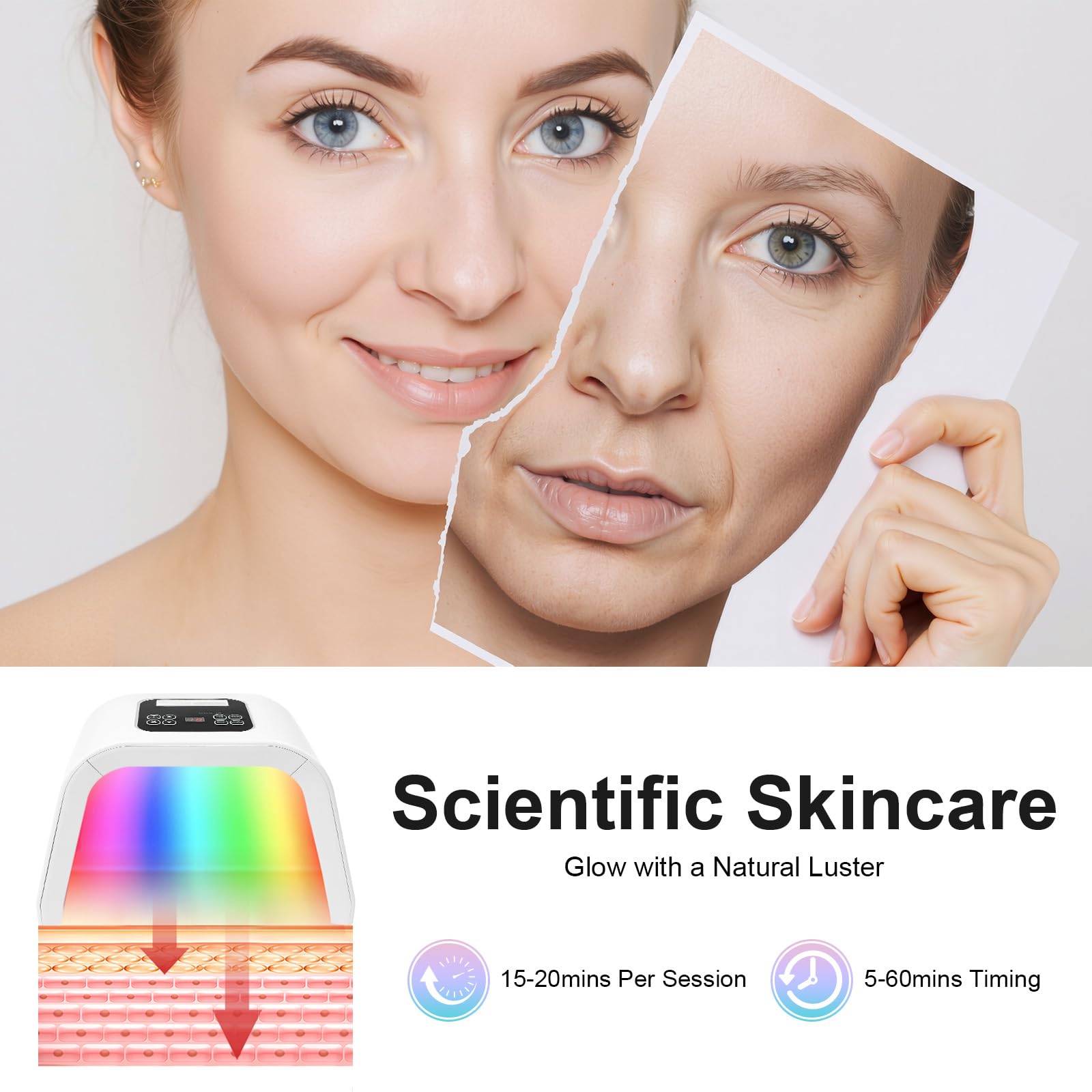 7 Farben LED Beauty Machine Photonen Therapie Gesichtsbehandlung Hautverjüngung Gerät, 7-in-1 Spektrum Lichttherapie Gerät mit 3-seitigem Licht für Salon und Zuhause
