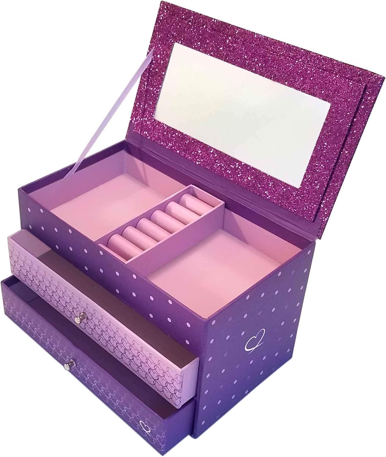Girls' Purple Glitter Jewelry Box with Mirror and Compartments, 8.5 x 5 x 5 inches