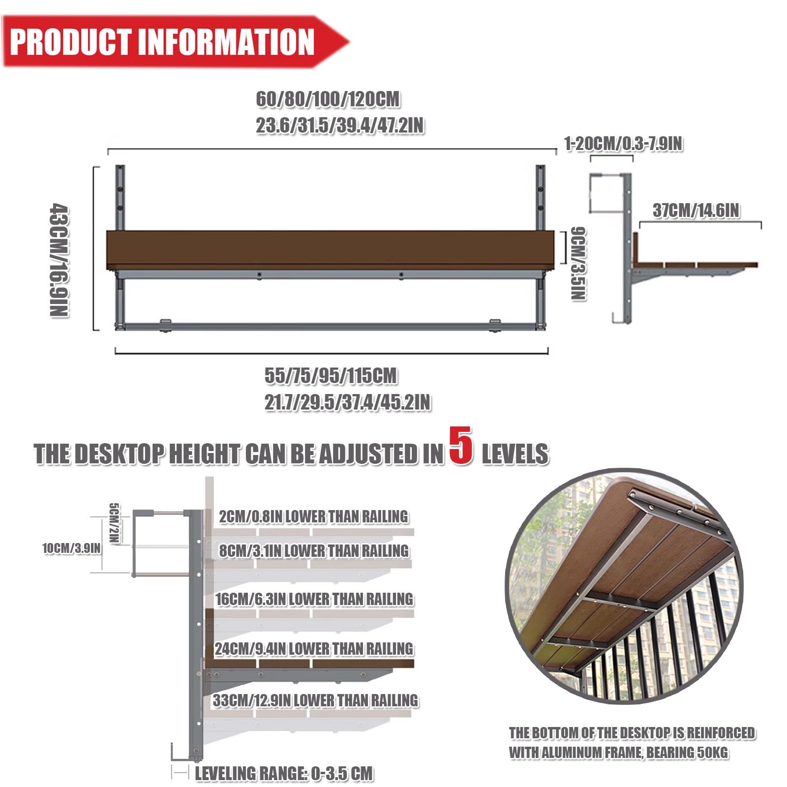 Mesa de bar plegable para balcón para barandillas, mesa de servicio para exteriores e interiores, banco de trabajo compacto para patio, terraza y balcón (31.5 pulgadas de largo x 14.6 pulgadas de