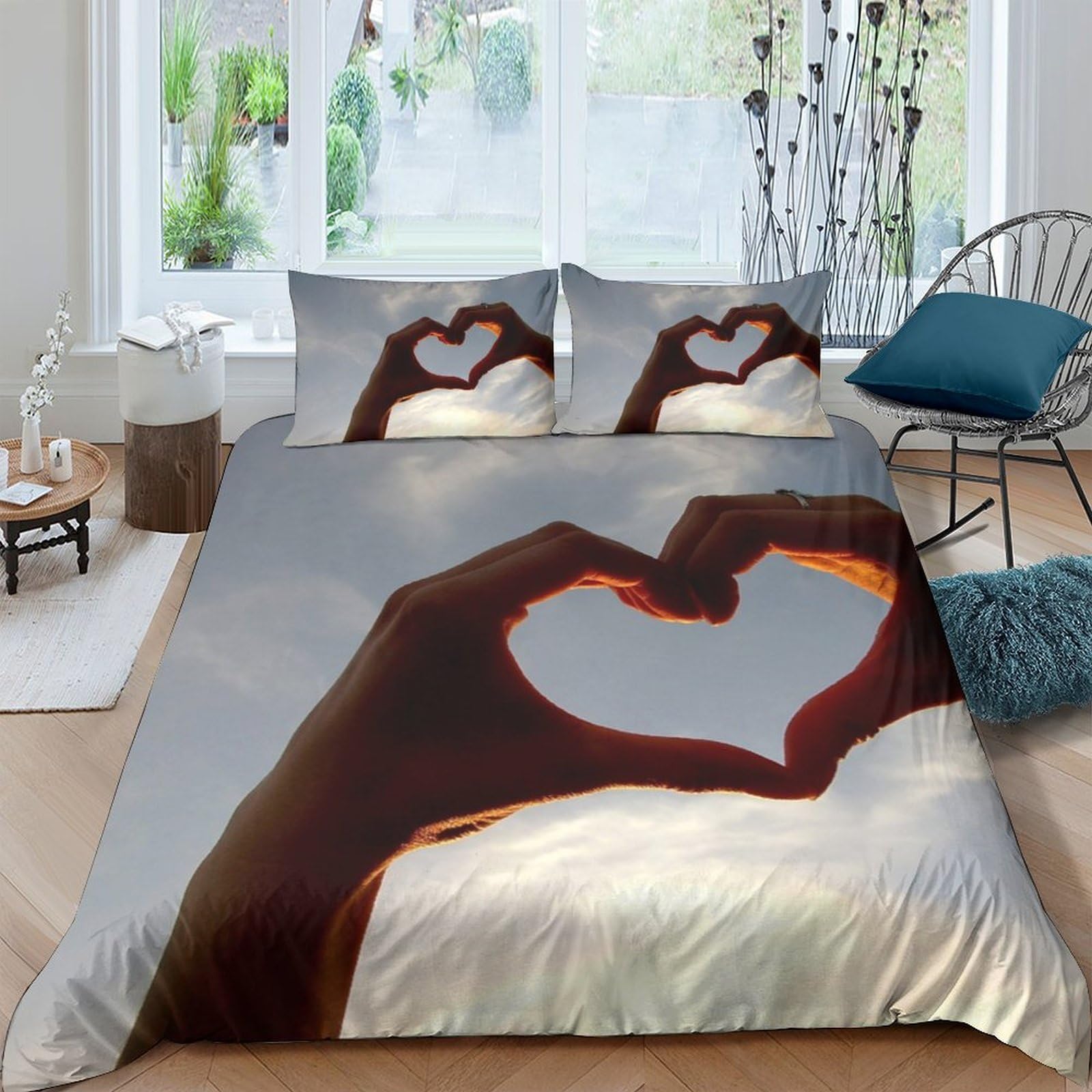 Ctjqhvkz Style-3 3D Printed Hand Heart Fitted Sheet Microfiber Soft Breathable Sunset Silhouette Bed Cover For Bedroom Dorm Decor Single（135X200cm）