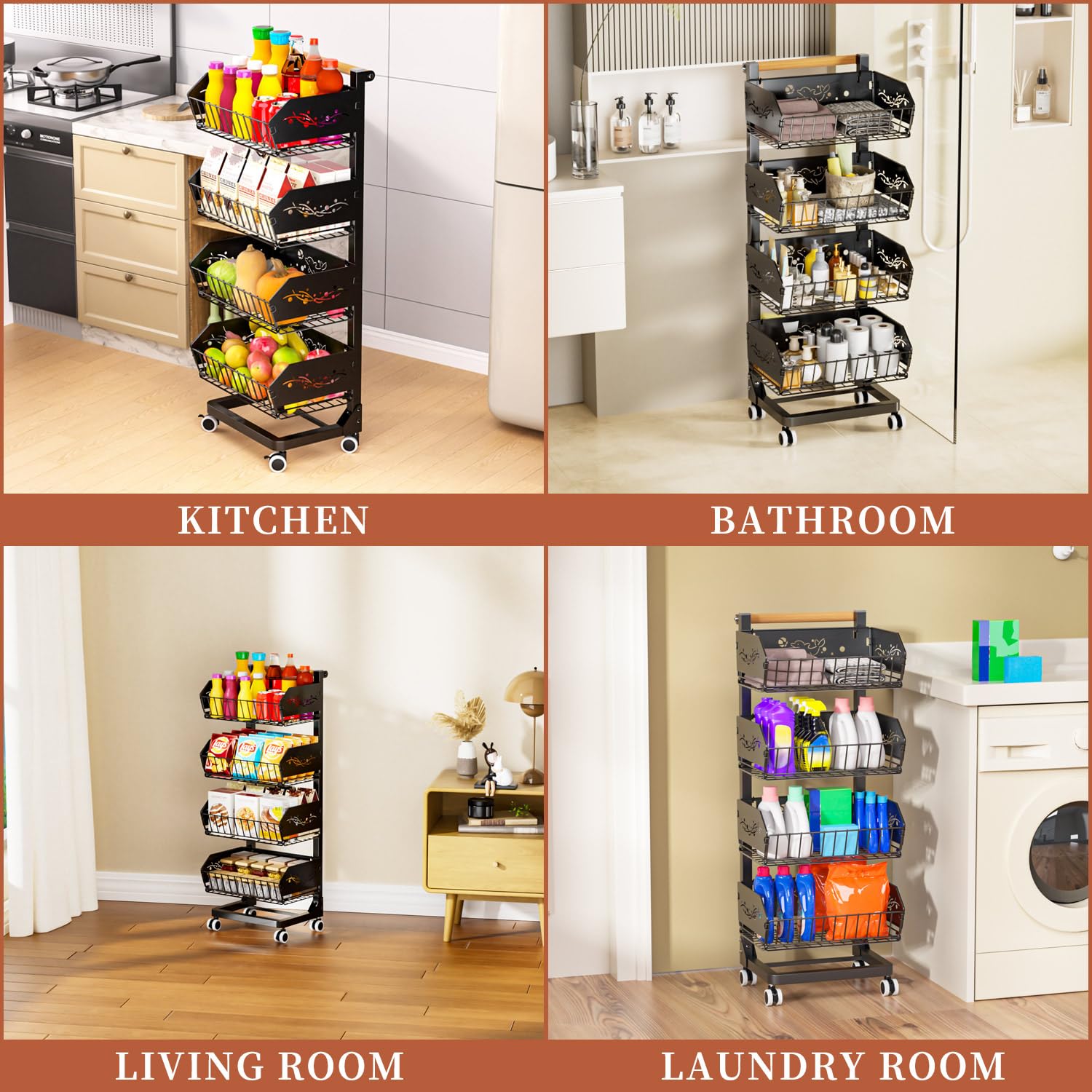 Carrito de almacenamiento de cocina de 4 niveles con ruedas, mejorado más ancho y grueso, carrito de almacenamiento multiusos para despensa y cuarto de servicio (incluye 6 ganchos laterales)