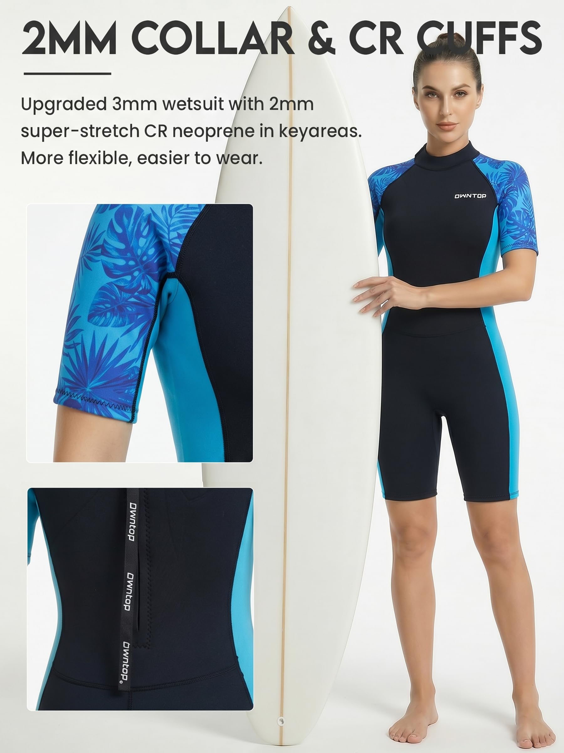 Owntop Muta corta da donna in neoprene da 3/2 mm con cerniera posteriore, costume da bagno floreale lusinghiero per snorkeling, surf, vacanze tropicali e nuoto in acqua fredda