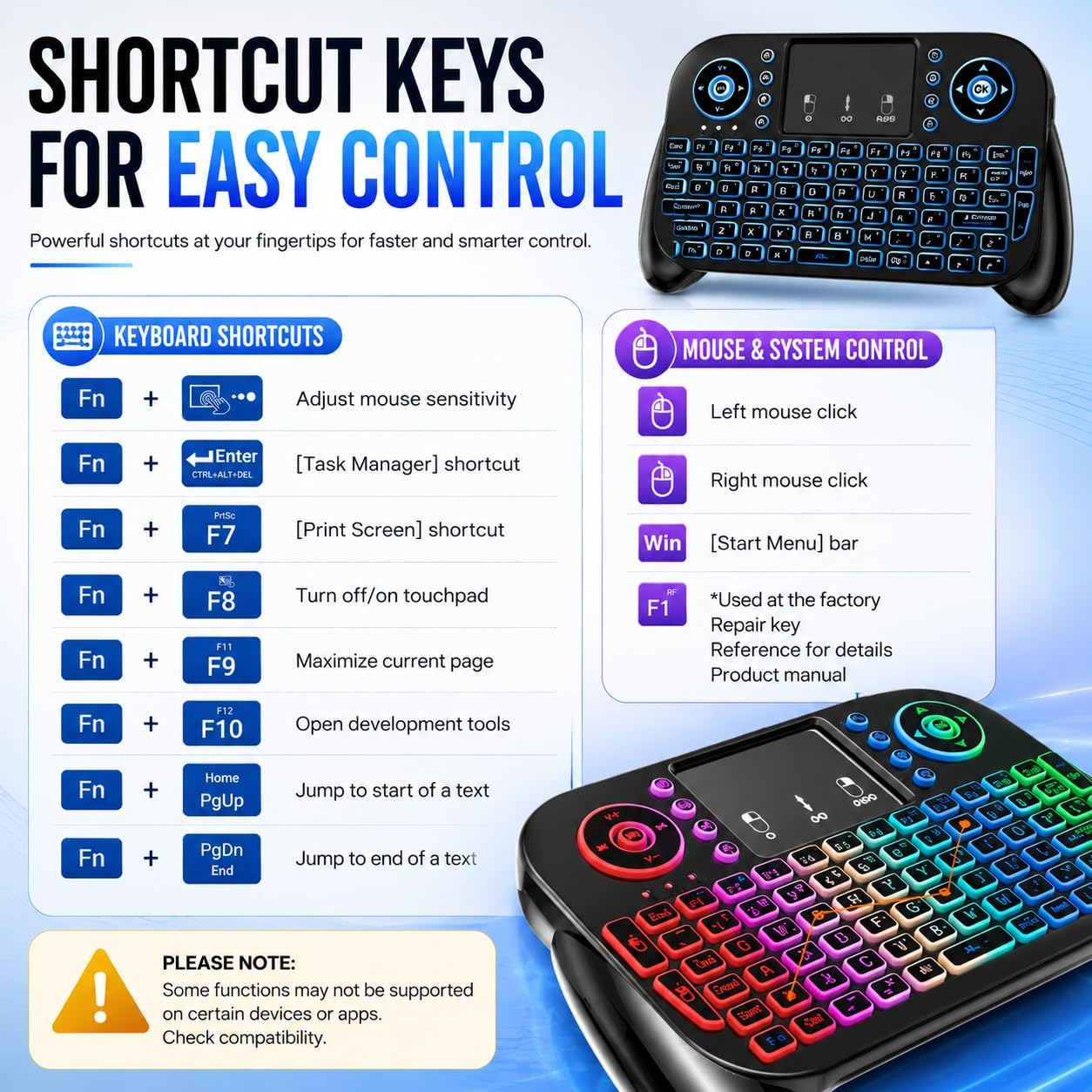Mini Wireless Keyboard with Touchpad, Bluetooth + 2.4GHz RF Remote Control, 7-Color Backlit Rechargeable Keyboard for Smart TV, Android TV Box, Fire Stick, PC, Laptop, HTPC, Raspberry Pi & Tablet