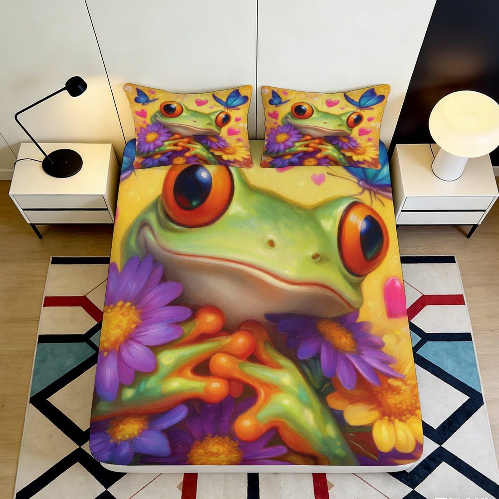 3D Printed Vibrant Frog Fitted Sheet Microfiber Soft Mattress Cover for Bedroom Guest Room Dorm Decorative 90x200x25cm