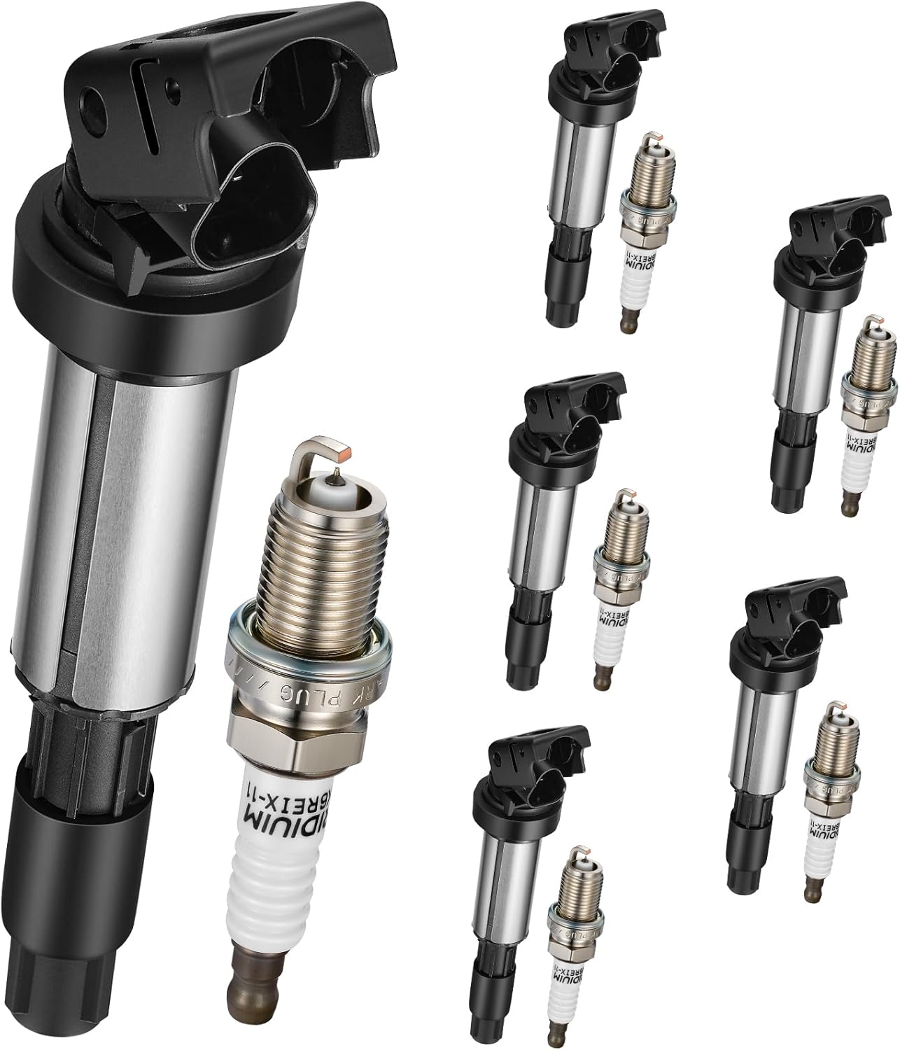 6-Pack UF522 Ignition Coils & 4504 Spark Plugs Compatible with BMW X3/X5/Z4/320i/325i/325xi/325Ci/330Ci/330i/330xi/525i/530i/760Li/760i, 3.0L 2.5L L6/6.0L V12 - Replaces 7092 12131712219