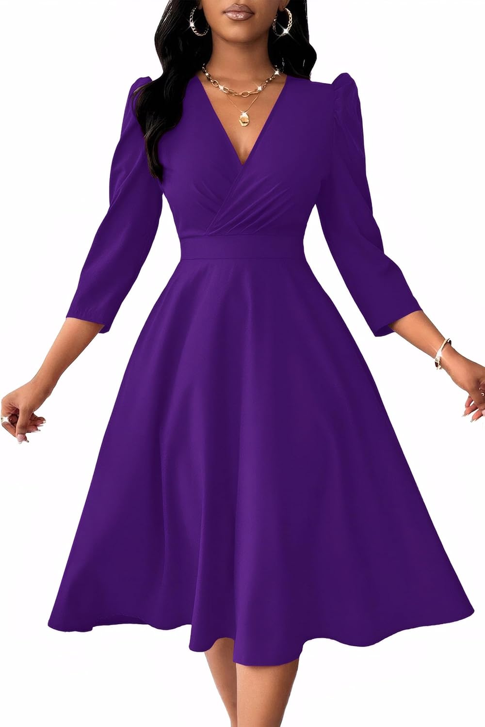 Nmoder Women Casual Midi Semi Formal Fit and Flare 3/4 Sleeve A-line Dress for Church Work Wedding Guest Cocktail Dresses