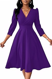 Women Casual Midi Semi Formal Fit and Flare 3/4 Sleeve A-line Dress for Church Work Wedding Guest Cocktail Dresses