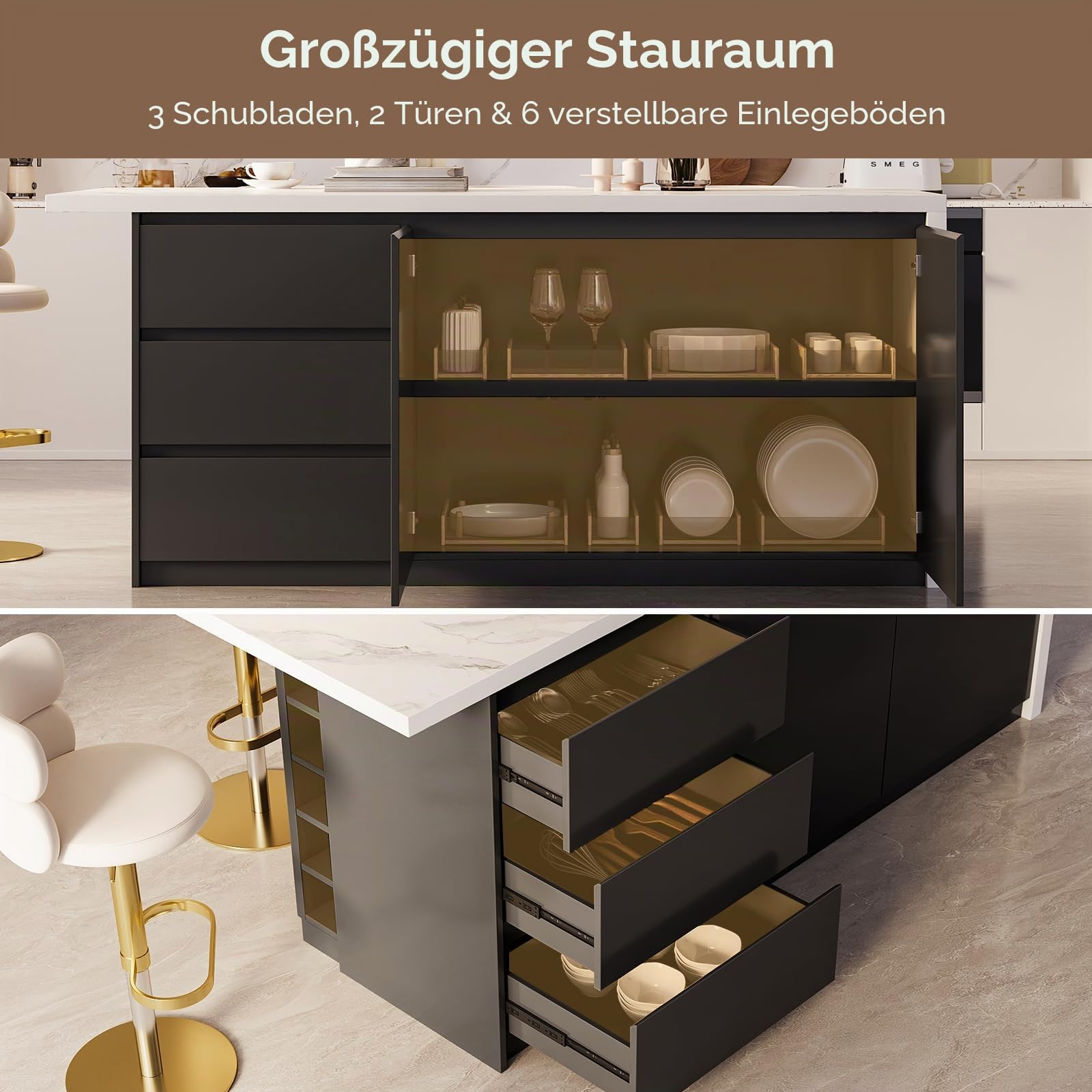 Homary Moderne Kücheninsel aus Melamin, 182,9 cm, mit Weinaufbewahrung und Sitzplatz, Stabiler Esstisch mit zusätzlichem Stauraum (Weiß Schwarz, 183cm: Rechte Schublade, Upgrade: Sinterstein)