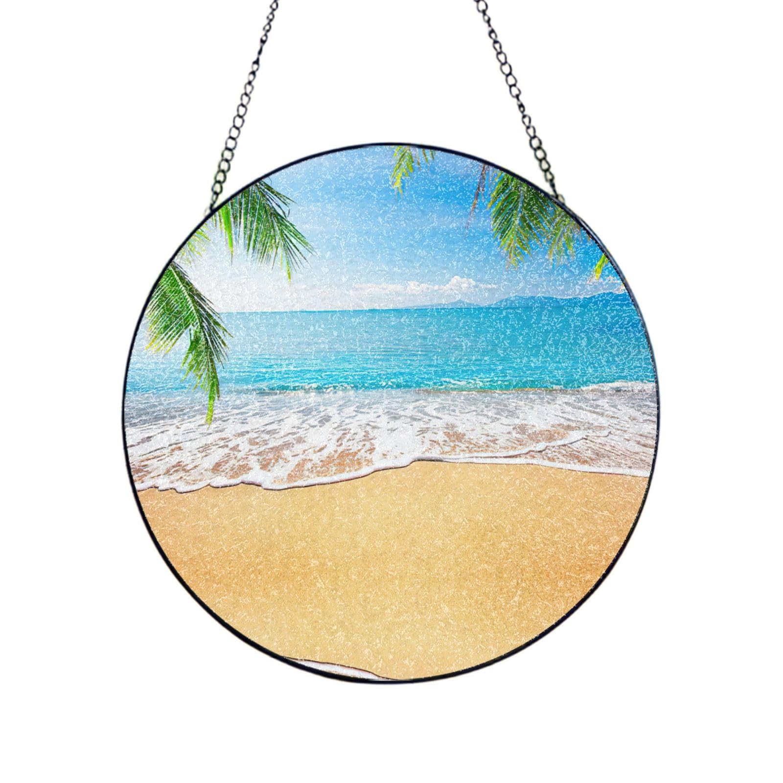 Ocean Sea Beach Palm Leaves Print Glass Sun Catcher For Windows Hanging Garden Ornament Womens Gift
