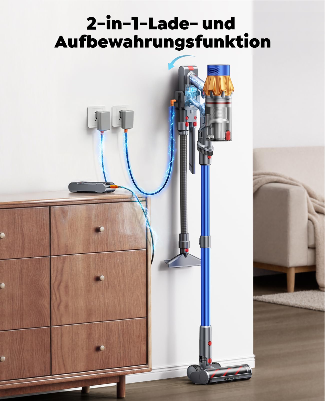 Fieety Kabelloser Akku-Staubsauger mit 2 Akkus, 130 Min Laufzeit, 50Kpa/600W Starke Saugkraft, Automatikmodus, Wandmontierte Ladestation, 1.5M Schlauch für Hartböden Teppiche Tierhaare Auto
