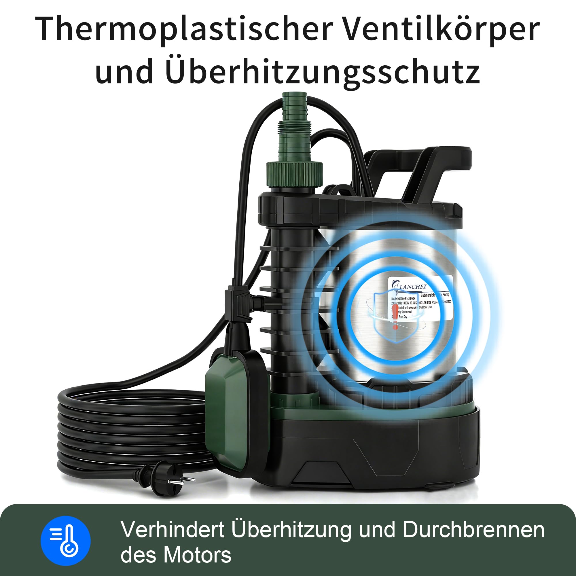 LANCHEZ Pompe submersible 1000 W, débit 20 000 l/h, mode eaux usées / eau propre, hauteur de refoulement 10,5 m, profondeur d'immersion 7 m, acier inoxydable, interrupteur à flotteur réglable