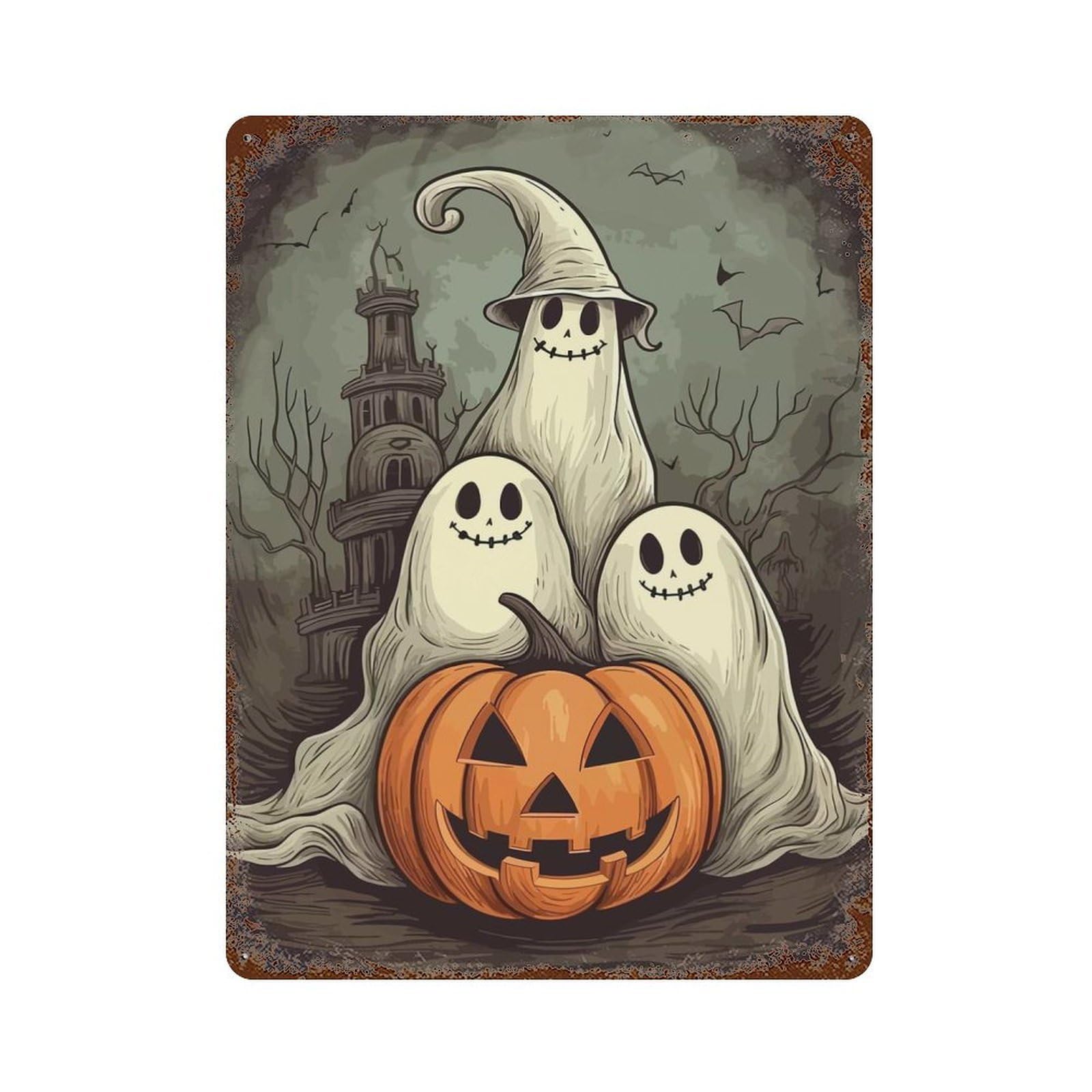 Halloween Ghosts And Pumpkin Vintage Wall Sign 15.7"x11.8", Rust Effect Metal Decor for Basement, Hobby Room And Garage Decor