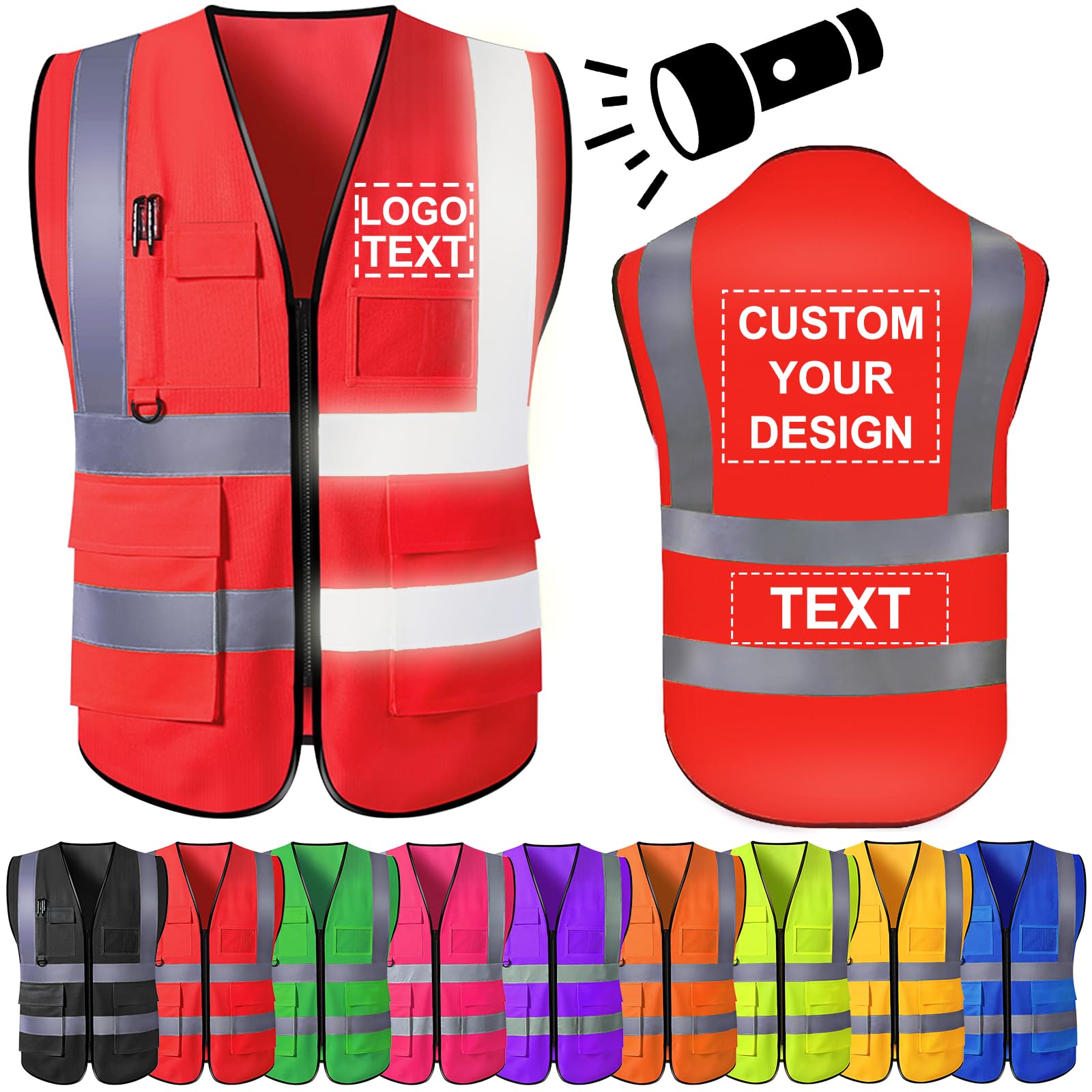 High Visibility Vest Custom Logo Text for Men Personalised Safety Vest Hi Vis Viz Workwear with Reflective Strip 5 Pockets — image 1
