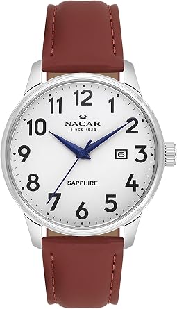 Nacar Safir Cam Klasik Erkek Kol Saati, Beyaz Kadran, Kahverengi Deri Kordon, NC31-297170