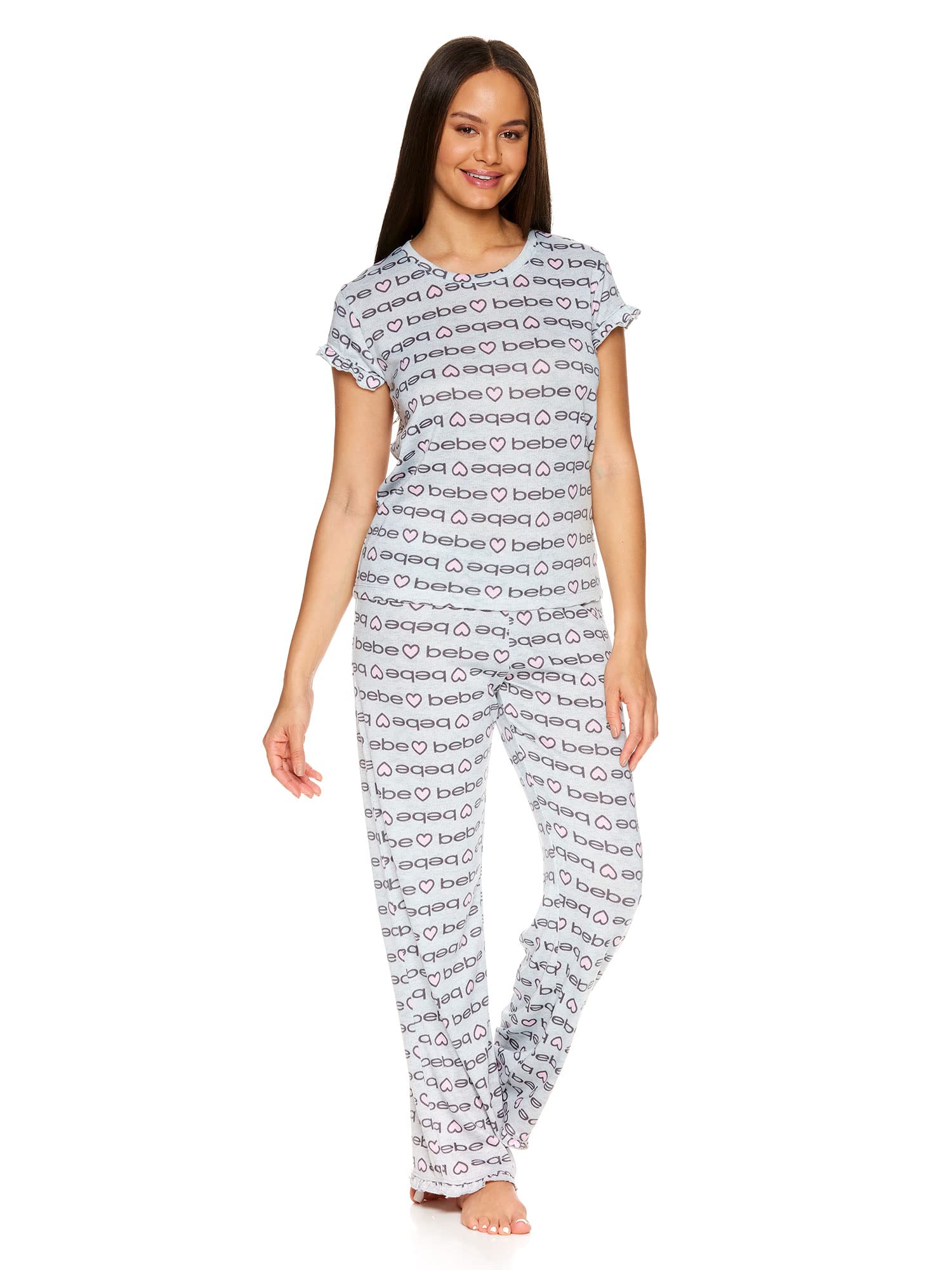 bebeWomens Pajama Top Shirt and Lounge Pants Sleepwear Set, Heather Grey, XL