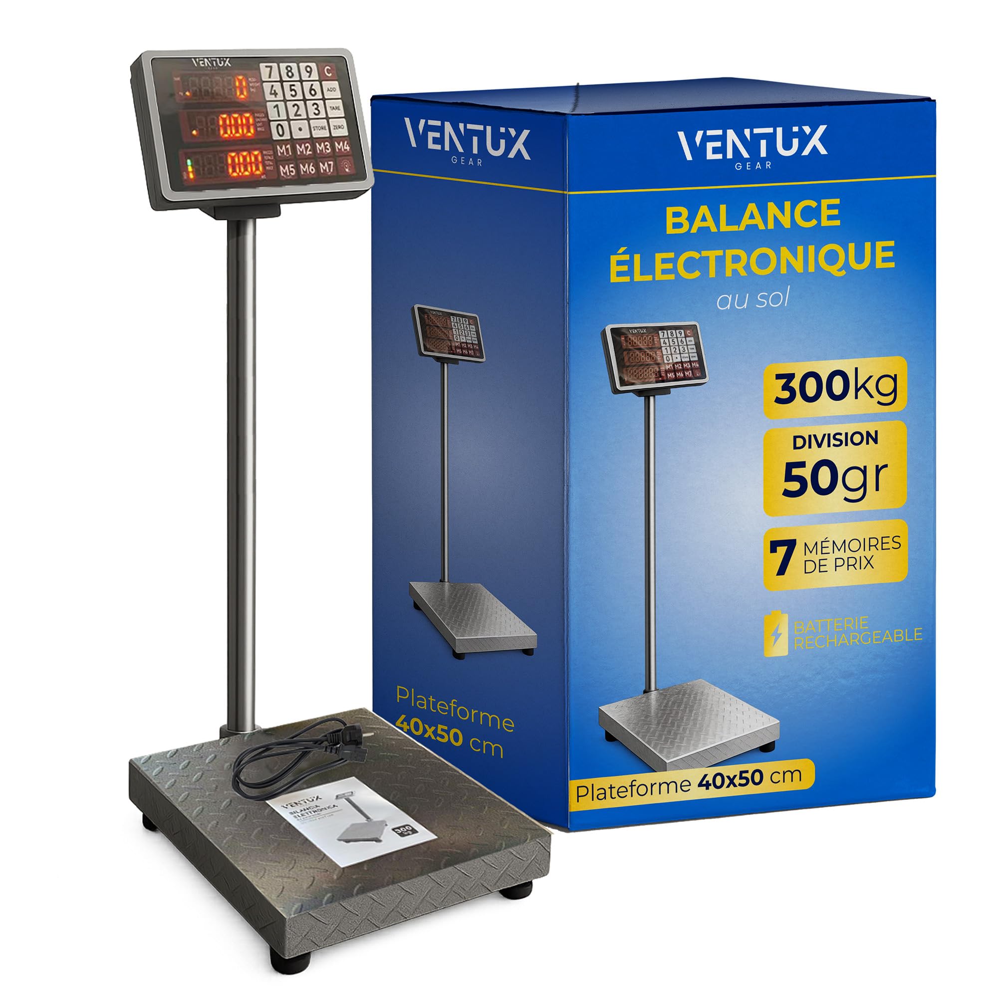 Balance électronique 300 kg Division – 50 g LCD Mémoire prix | Écran séparé · Rétroéclairage · Double alimentation · Arrêt automatique · Conforme 2014/35/UE · ce