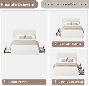 coucheta Teddy Fleece Thick Fabric Upholstered Platform Bed with 2 Storage Drawer, Modern Cloud Bed Frame with Adjustable Headboard, Soft Teddy Fabric, No Box Spring Needed, Queen, Beige