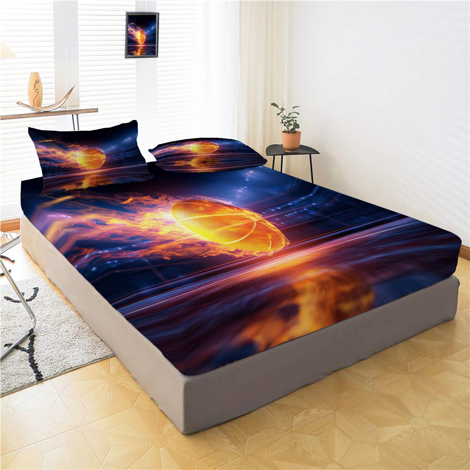 Sábanas 200X190/200Cm - Juego De Sábanas 3 Piezas Estampadas Baloncesto Flame - Microfibra Suave Transpirable - Sábana Bajera Ajustable - Ropa De Cama Estadio Moderno (Azul Marino)
